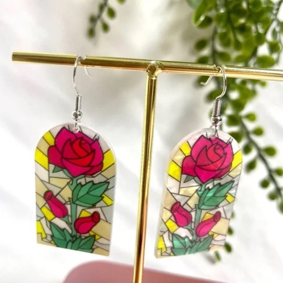 ❤️ FREE Window Stained Glass Tapestry Floral Chic Glam Art Artsy Drop Earrings - Picture 3 of 5